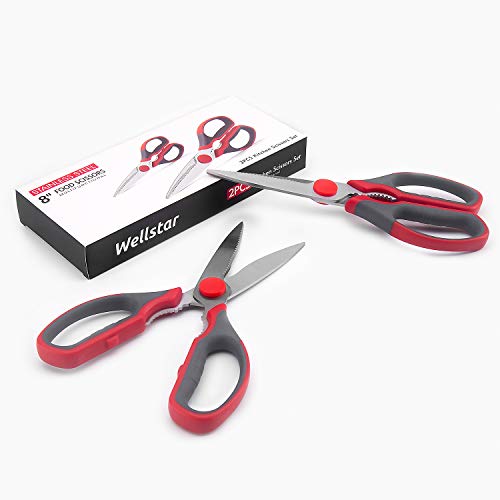 Multifunction Kitchen Scissors 2-Piece Set WELLSTAR, Heavy Duty Food Shears for Chicken Meat Vegetable Fish Herb Poultry Stainless Steel Cooking Scissors with Comfortable Handle Scissors Set (Red)