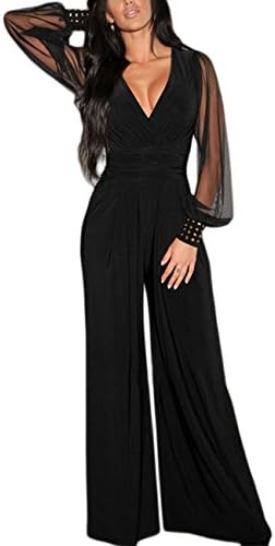 Lrud Women Mesh Embellished Plunge Jumpsuit Long Sleeve Wide Leg Romper Playsuit