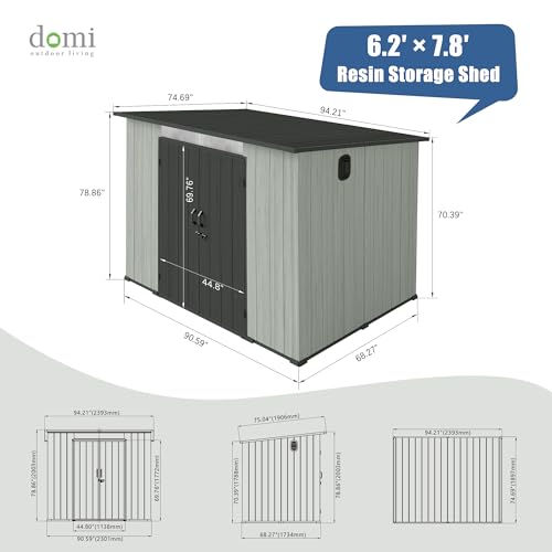 Domi 6x8FT Outdoor Resin Storage Shed with Transparent Windows & Louvered Vents, Plastic Tool Shed with Double Lockable Doors & Sloping Roof, Outside Garden Shed for Backyard, Patio, Lawn, Grey