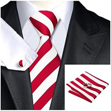 White and Red Stripe Classic Silk Jacquard Necktie Tie Hanky and Cufflinks Set For Men