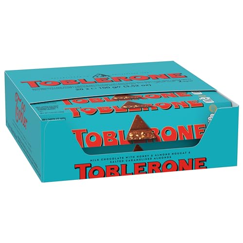 TOBLERONE MILK CHOCOLATE BAR WITH SALTED CARAMELIZED ALMONDS AND HONEY AND ALMOND NOUGAT, BULK CHOCOLATE, 20 – 3.52 OZ BARS