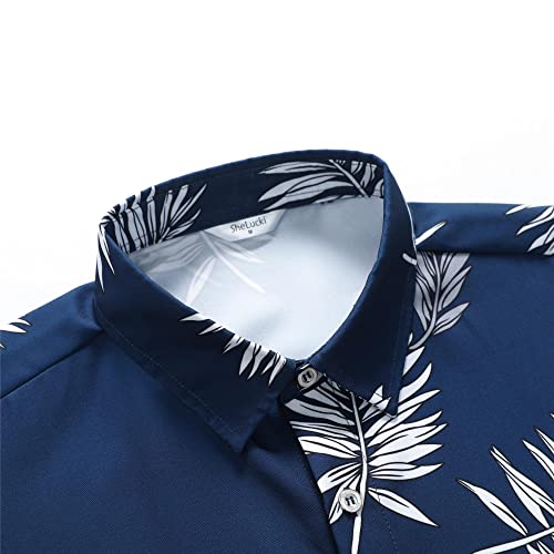 SheLucki Mens Hawaiian Shirts Short Sleeve Casual Button Down Shirts Summer Tropical Floral Beach Shirt Leaf Deepblue 1-078 S