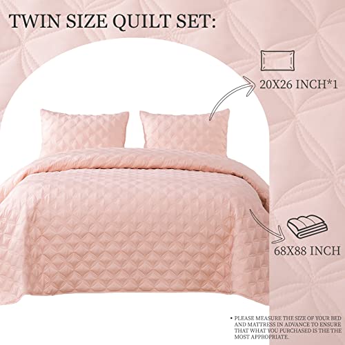 Exclusivo Mezcla Blush Pink Quilt Set Twin Size, 2 Pieces Stitched Pattern Twin Quilts (68"x90