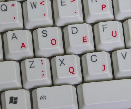 DVORAK SIMPLIFIED KEYBOARD STICKERS WITH RED LETTERING ON TRANSPARENT BACKGROUND