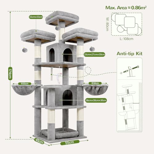 Globlazer Stable Cat Scratching Post 174 cm with 3 Padded Perches, 2 Cat House, 2 Baskets, Removable Pet Bed, Sisal Posts, Castle Cat Tree for 2-4 Adults Cats Indoor (F68B, Light Grey)