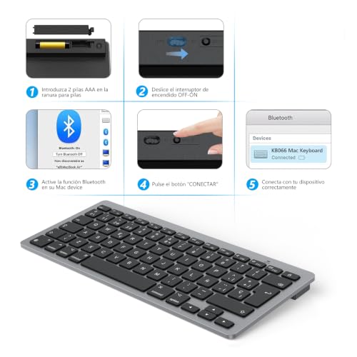 OMOTON Bluetooth Keyboard for Mac Wireless Keyboard for Apple MacBook Pro 13 14 16/ Air/Mini, iMac, iMac Pro, Mini, QWERTY Spanish Layout, 2*AAA Battery, Specific Design for Mac, Grey
