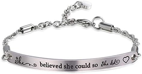 4MEMORYS Inspirational Chain Bracelet with ID Bar Engraved She Believed she Could so she did Inspirational Bangle Jewelry for Women Girls Daughter