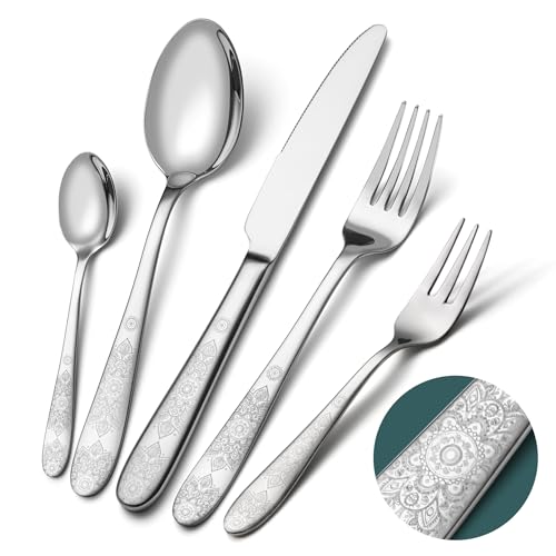 Complete cutlery 6 people, EIUBUIE vintage cutlery with unique design | 30 Pieces, Mirror Polished, Stainless Steel Flatware, Dishwasher Safe, Cutlery Set, Knife Spoon Fork