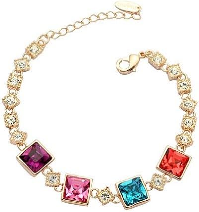 Gorgeous Clear Cubic Zirconia and 4 Colores Crystal Square Link Bracelet 6.3" Long with 2" Extender