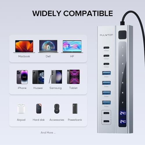 PULWTOP Hub USB C 3.2 ativo com fonte de alimentação, hub USB 3.2 9 em 1 com dados de 3 * 10 Gbps, 4 * USB A 3.1 e 2 * carregamento PD de 45 W (não suporta vídeo e dados) Adaptador de 72 W
