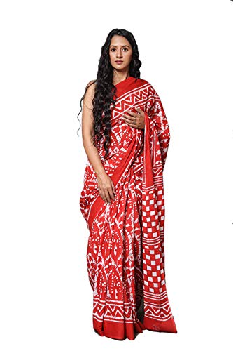 Hand Block Printed Cotton Mulmul Saree with unstitched Blouse (Jaipuri Print)