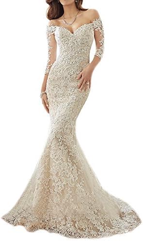 Mingxuerong Boho Sexy Off Shoulder Long Mermaid Wedding Dress For Womens Lace Bridal Gowns With Long Sleeves Ivory 2