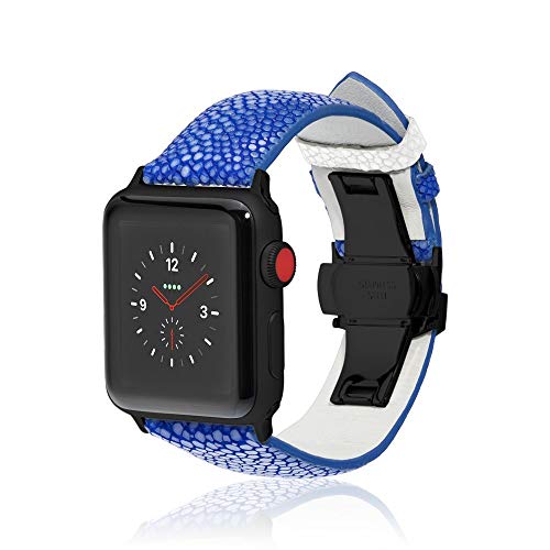 fitjewels for Apple Watch Band 42/44mm - Stingray - Blue/White - Black Adapter Clasp- Leather iwatch Strap Replacement Band with Butterfly Clasp for Apple Watch Series 4 Series 3 Series 2 Series 1