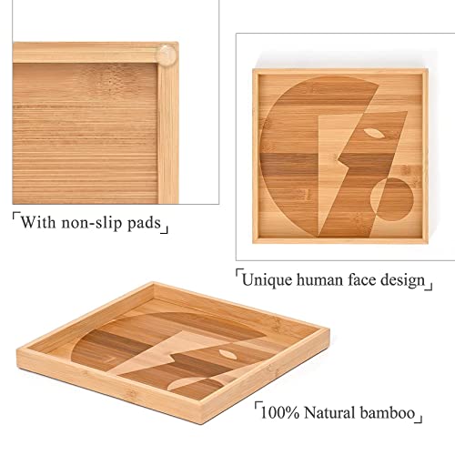 LunaLife Serving Tray Bamboo,Wooden Decorative Vanity Trays, Cheese Platter for Food Breakfast,Tea Coffee,Makeup or Home Decor, Human Face Pattern，11L x 11W