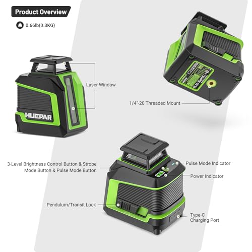 360° Laser Level with 152m Tripod - Huepar 25m-50m Green Laser Self-Leveling + Pulse Mode - 3 Brightness Levels - Rechargeable Li-ion Battery - For Tile Installation, Indoor Decoration