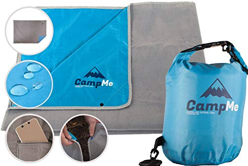 Premium Waterproof Picnic And Camping Blanket – Outdoor / Travel Cozy Fleece Blankets / Towel For Stadium – Strong Nylon, XL 87” X 58”'(optimal size), 4 Metal Stakes, Clips To Attach Multiple Blankets