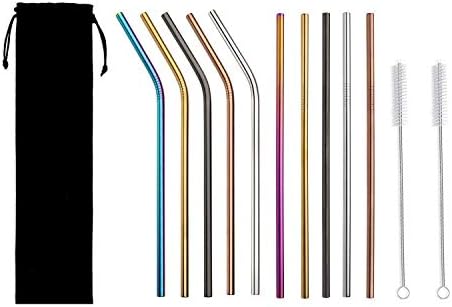 Muzerdo Reusable Stainless Steel Straws 10.5'' Metal Drinking Straws for 20 or 30 oz Tumblers, Multicolor 5 Straight + 5 Bent + 2 Brushes +1 Pouch