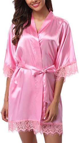 Giova Women's Lace Trim Kimono Robe Nightwear Nightgown Sleepwear Satin Short Robe Pink X-Large