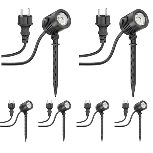 ledscom.de 6x Kleiner LED Gartenstrahler mit Erdspieß TARL für außen, IP65, Stecker, schwarz, 4,3 W, 340lm, warmweiß
