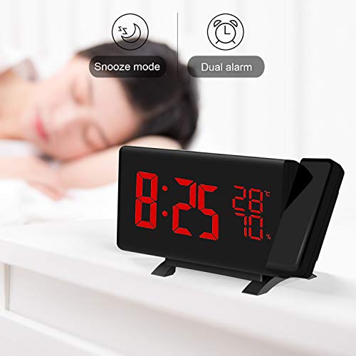 Alarm Clocks,(New Version) Projection Alarm Clock with FM Radio Multifunction LED Curved-Screen Projection FM Radio Digital Alarm Clock with Dual USB Port for Home Office Bedroom Living Room