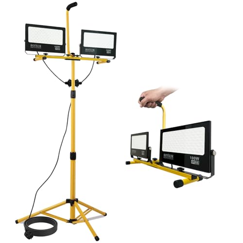 BOYKIM LED Work Light with Stand,200W 20000Lumens Portable Outdoor Flood Lights with 16ft Long Power Cord,IP66 Waterproof Adjustable Height for Construction Garage Workshop Jobsite