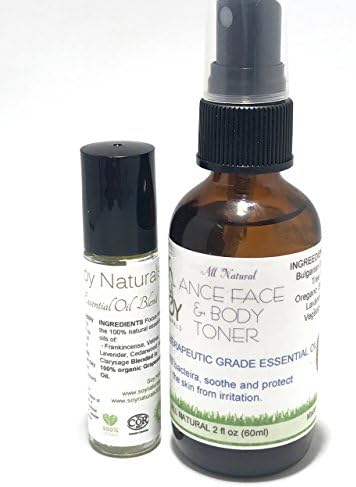 Acne Essential Oil Face Toner and Acne Essential Oil Blend Roll on Skin Repair Combo Pack, Blemish Removal, 10ml roll on and 4oz Spray Face Toner by Soy Naturals
