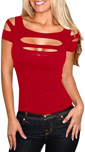 Deemers Wome's Slashed Ripped Cut Out Stretch Clubwear Party Blouse Top (S, Red)