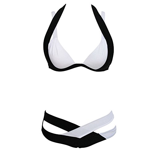 ♡ Londony ♡ Women's Tie Side Bottom Triangle Bikini Swimsuits Stripe Printing Padded Push up 2 Piece Bikini Sets Black - Thumbnail 3