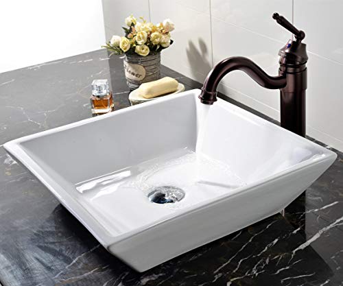 VCCUCINE White Square 16.54"X 16.54" Bathroom Porcelain Ceramic Vessel Sink, Countertop Sink for Lavatory Vanity Cabinet