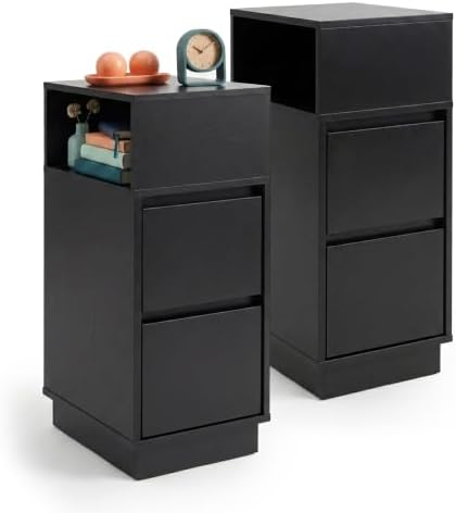 Comodino, set 2 pz, 2 cassetti, 1 vano aperto, nero