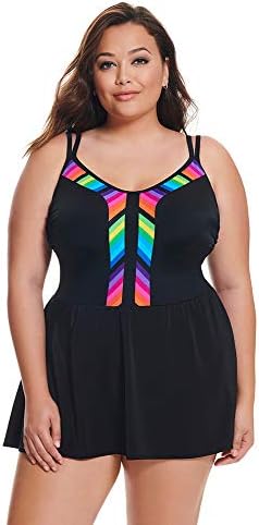 Longitude Women's Swimwear Plus Size Taste The Rainbow V-Neckline Tummy Control Long Torso One Piece Swimdress