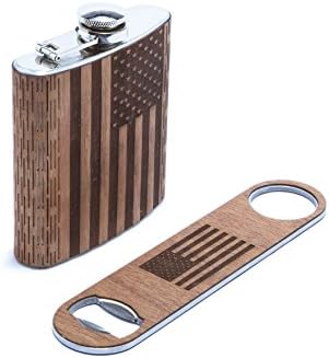 WUDN Handcrafted American Flag Barware - Patriotic Bottle Openers, Flasks, and Business Card Holders (Flask + Large Opener)