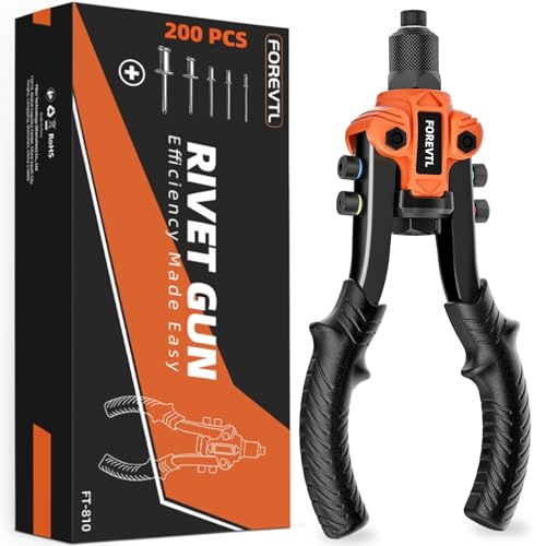 FOREVTL 26cm Rivet Pliers with Reinforced Lever - Professional 5in1 Manual Riveter for Blind Rivets Diameter 2.4 - 6.4 mm - Includes 200 Rivets & 5 Bits - Heavy Duty Metal Repair Tool