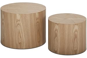M MEETAKING Nesting Coffee Table Set of 2, Black Round Wooden Modern Circle Table for Small Space Living Room Bedroom Accent End Side Table (Oak)