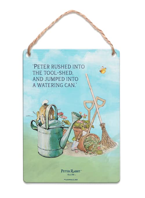 Metal Dangler Sign (65 x 90 mm) - Beatrix Potter - Peter Rabbit - Peter rushed into the tool-shed — image 1