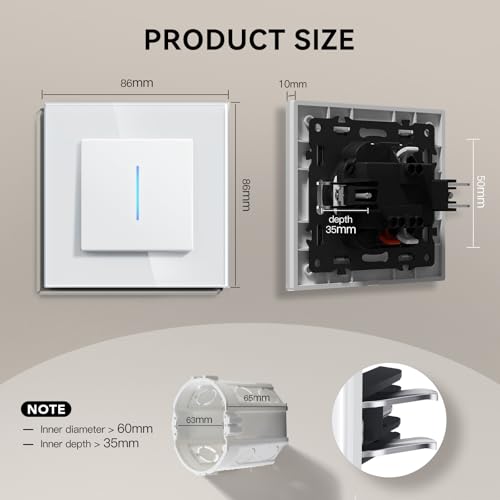 BSEED Glass Light Switch, Flush-Mounted Switch with Claws, Toggle Switch with Backlight, Easy to Install, E-series, 1-Gang 1-Way, 86 mm, White