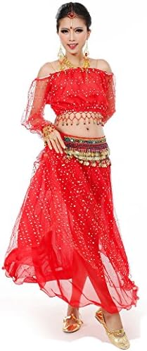 Maylong Womens Long Sleeve Halloween Costume For Girls Polka Dot Belly Dancing Skirt (5 Pieces, Red)