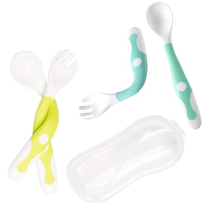 Qshare Baby-Utensilien Löffel mit Reisekoffer, Fütterungs-Trainingslöffel für Kleinkinder mit einfachem Griff und biegbarer F