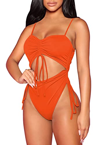 Pink Queen Traje de baño de una pieza de corte alto para mujer con tirantes en forma de monokini, naranja, S