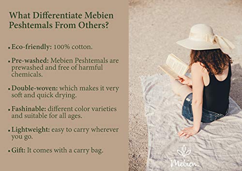 Mebien Turkish Beach Bath Towel Peshtemal-Luxury Prewashed Cotton Blanket Vintage L.Grey 33x66inches