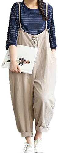 YAELUCKY Women Cotton Linen Overalls Wide Legs Pattern Sleeveless Jumpsuit With Pockets