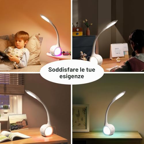 T3 Lampada da Scrivania Bambini, Lampada da Tavolo LED Regolabile con Luce Notturna Multicolore RGB, 3 Livelli di Luminosità, Lampada da Lettura con Controllo Tattile, Bianca
