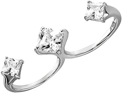 Exquisite Sterling Silver Rhodium Plated Two-Finger Open Ring with 3 CZ Accent Caps