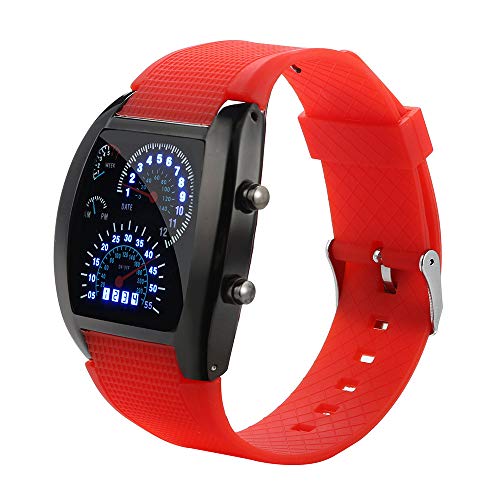 Fxbar,Men's Fashion LED Light Flash Turbo Speedometer Sports Car Dial Meter Watch Rubber Strap Bracelet Watches (Red B)