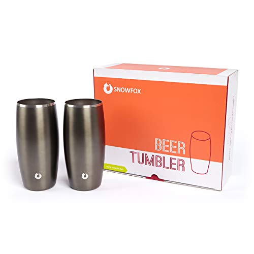 SNOWFOX Insulated Stainless Steel Stemless 16.9 oz. Beer Glass, Set of 2, White/Gold