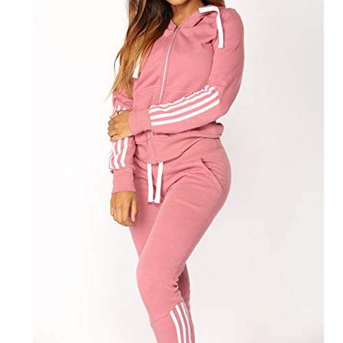 Dreamyth-Winter 2Pcs Women Tracksuit Casual Stripe Zipper Long Sleeve Pullove Sport Tops+Long Pants Set (Pink, S) - Thumbnail 2