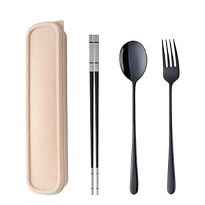 Do Buy Portátil Set de Cubiertos para Camping 3 Piezas Acero Inoxidable Negro Vajilla Cuchara Tenedor Palillos con Caja De Trigo