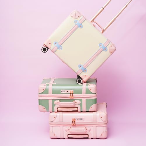 urecity Vintage PU Leather Cabin Size Luggage Set Stylish Retro Underseat Carry On Suitcases with TSA Lock & Spinner Wheels, Lightweight Design for Elegant Travel (18''+14'' White)
