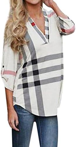 Eforward Women's Blouse Casual Plaid V Neck 3/4 Sleeve T-shirts Pullover Tops L White