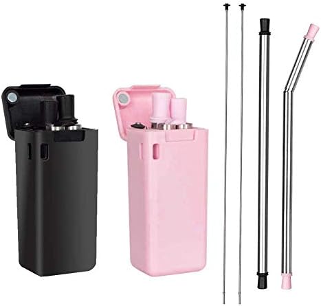 Reusable Collapsible Straw, Foldable Silicone Pocket Metal Food-Grade Portable Folding Stainless Steel Drinking Straws with Case Perfect for Outdoor, Home, Office , School, Travel Or Gift๏ผ2 Pack๏ผ